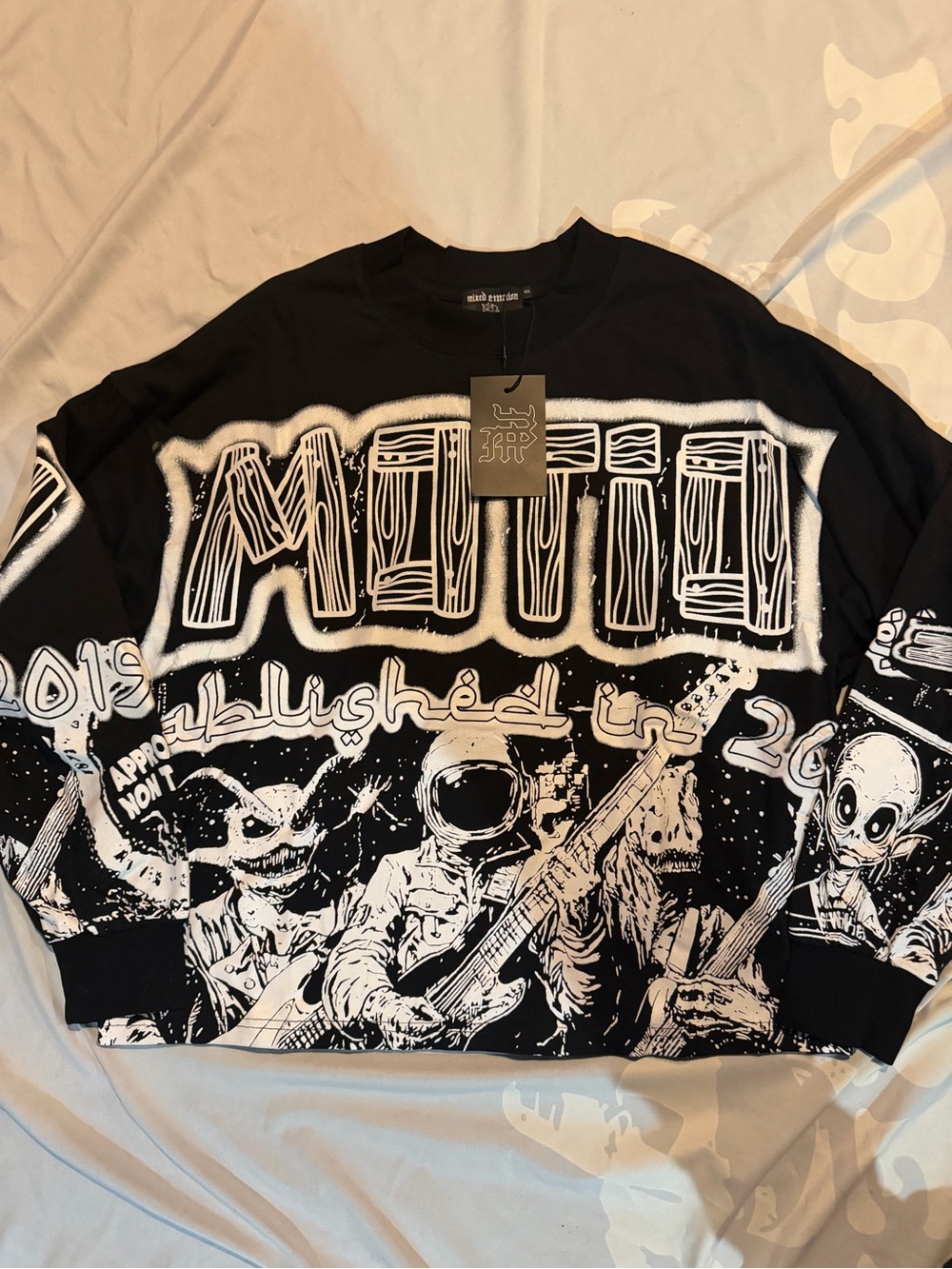 Black Graphic Crewneck Sweater with White Astronaut Band Design